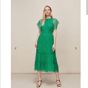 Whistles Sketched Floral frill green midi dress